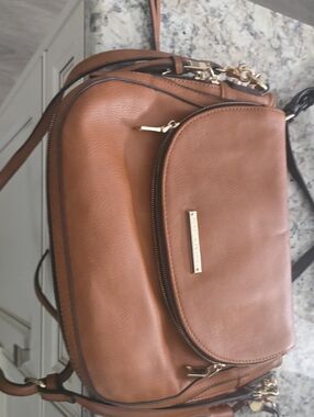 Women's Tan Crossbody Bag with Gold Hardware - Designer Plaque Detail